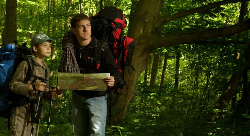 Father and Son Find Their Way Through Forest with Map